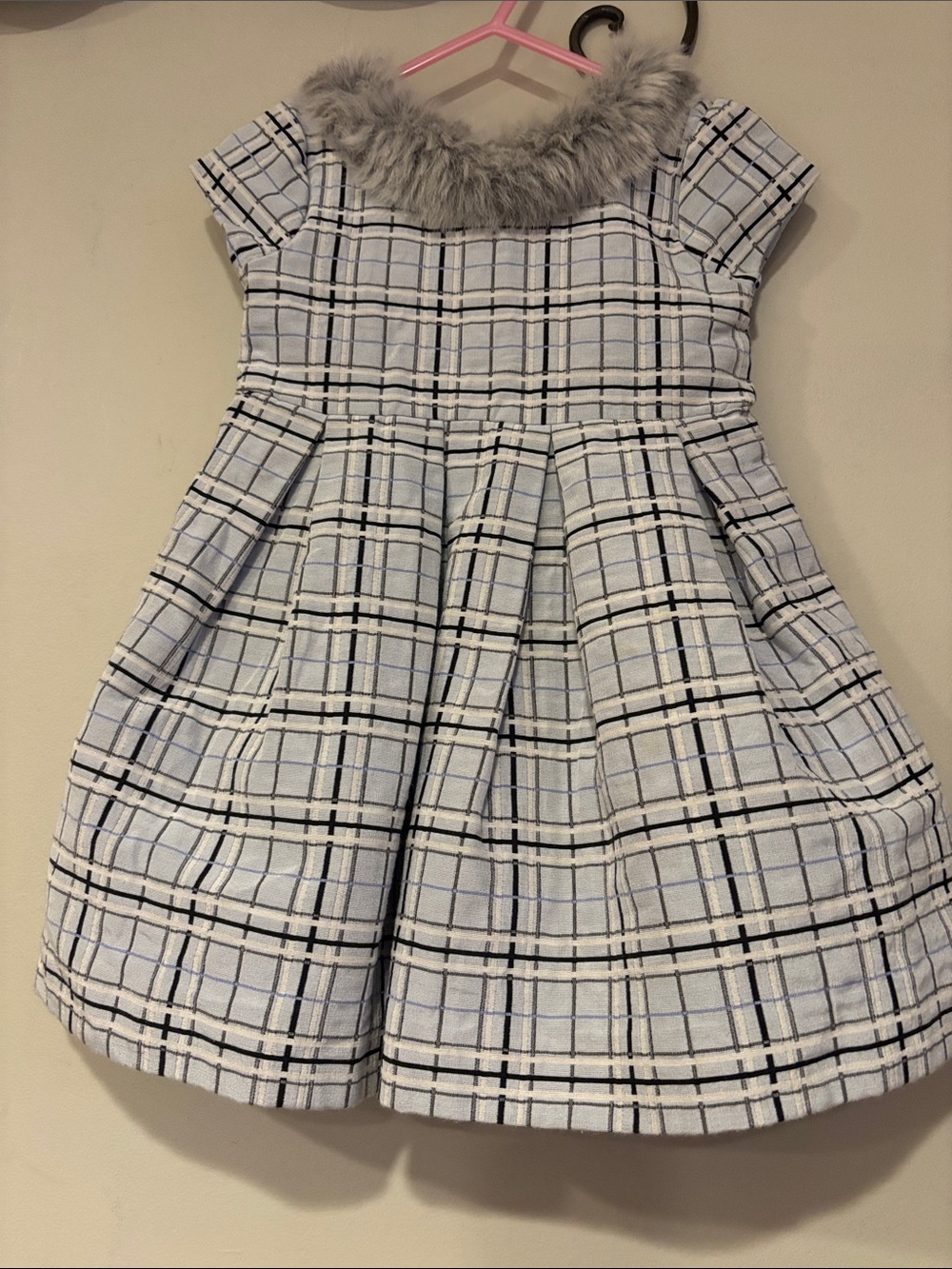 Janie & Jack Girls Light Blue Plaid Dress with Faux Fur Trim
